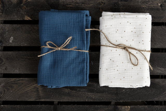 Muslin cloth muslin blue muslin gold dots on white