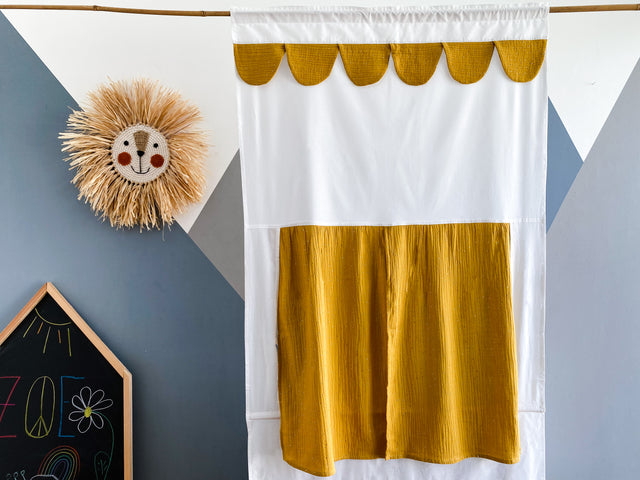 Puppet theater Punch and Judy muslin golden dots on yellow incl. telescopic rod