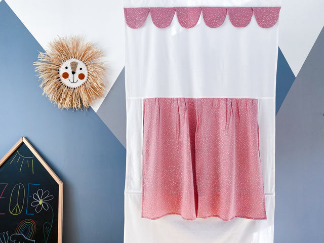 Puppet theater Punch and Judy muslin pink dots including telescopic rod