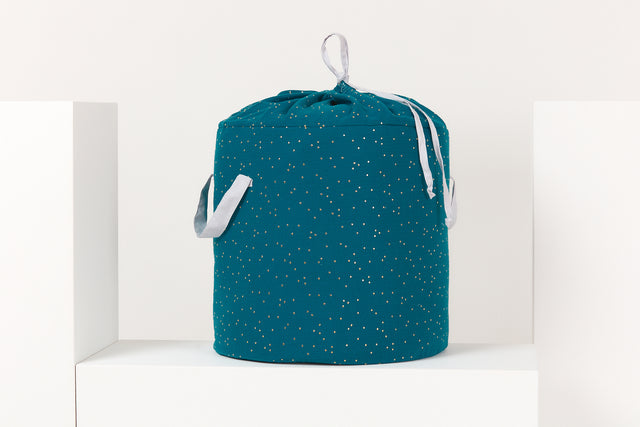 Toy basket muslin gold dots on teal