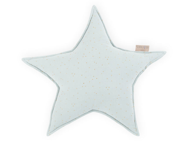 Star cushion muslin gold dots on green