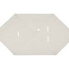 Eine beige, sechseckige KraftKids Babydecke für Babyschale Sommer aus Leinen in Natur Braun mit Gurtschlitzen und gefalteten Ecken liegt flach auf weißem Hintergrund.