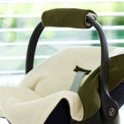 Eine Nahaufnahme einer KraftKids Decke für Babyschale Winter Doppelkrepp Grün Herbstgrün in einem Babyautositz mit cremefarbenen und dunkelgrünen Akzenten, platziert vor sonnenbeschienenen Jalousien mit Grünzeug draußen.