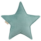Das KraftKids Sternkissen Cord Breitcord Mint ist ein weiches, sternförmiges Kissen aus hellgrünem, geripptem Cord, das mit einem kleinen Stoffanhänger versehen ist - ideal, um jedem Kinderzimmer Charme zu verleihen.