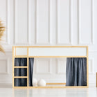 Ein KraftKids Hochbettvorhänge Set 2+1 in Musselin mit goldenen Punkten auf Grau, passend für das Kura Bett, verleiht dem minimalistischen Loftbett vor weißer Wand einen gemütlichen Look im Gardinen Kinderzimmer Stil.